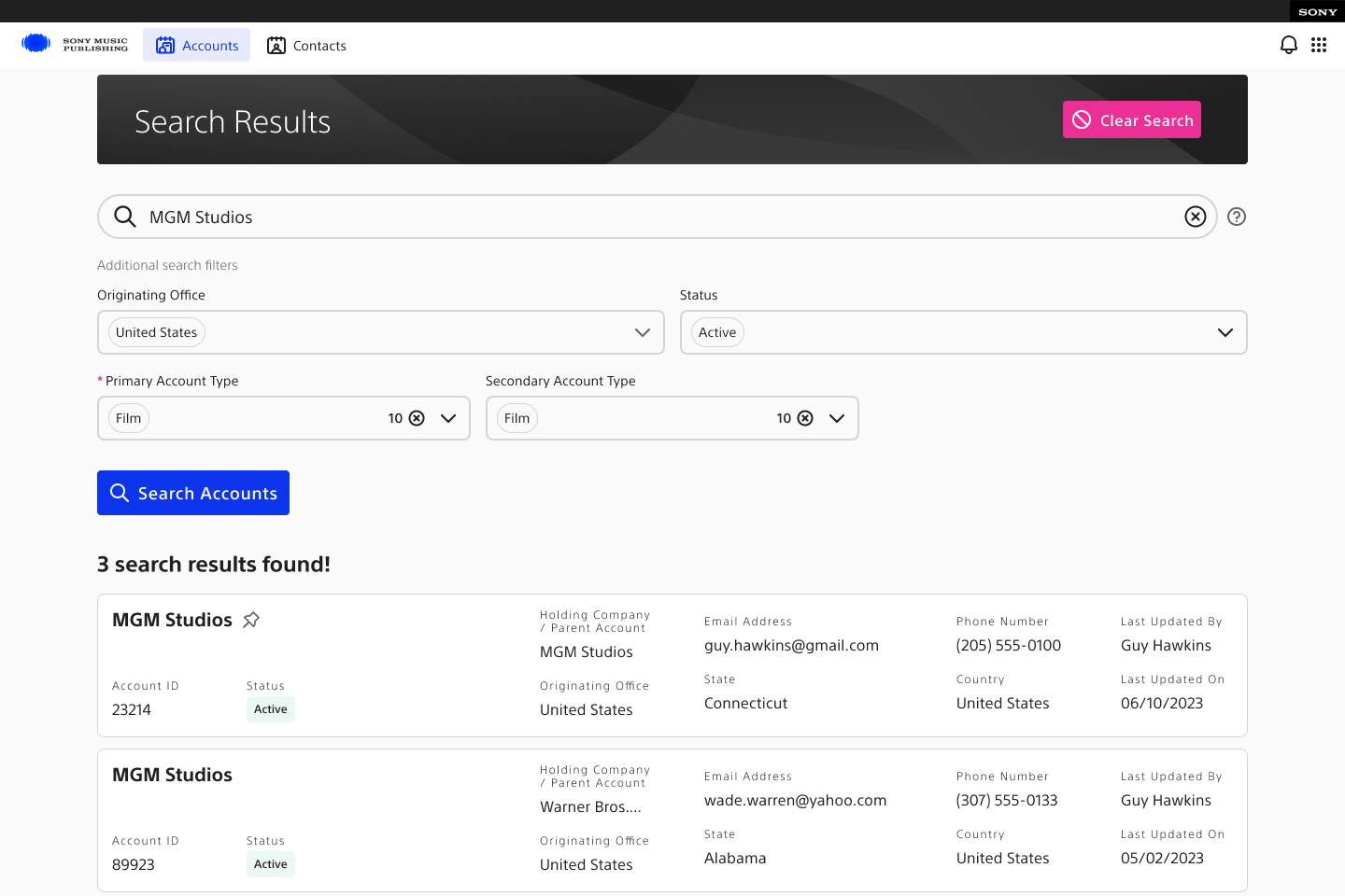 Sony account search results screen